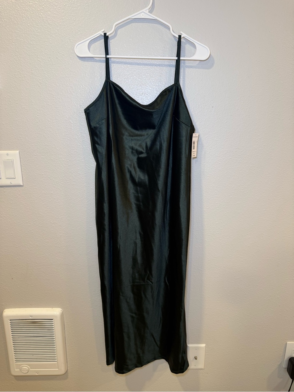 Satin Dark Green Midi Slip Dress with Spaghetti Straps